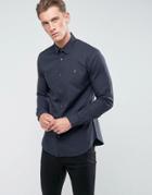 Farah Slim Shirt In Hopsack With Standard Collar - Navy