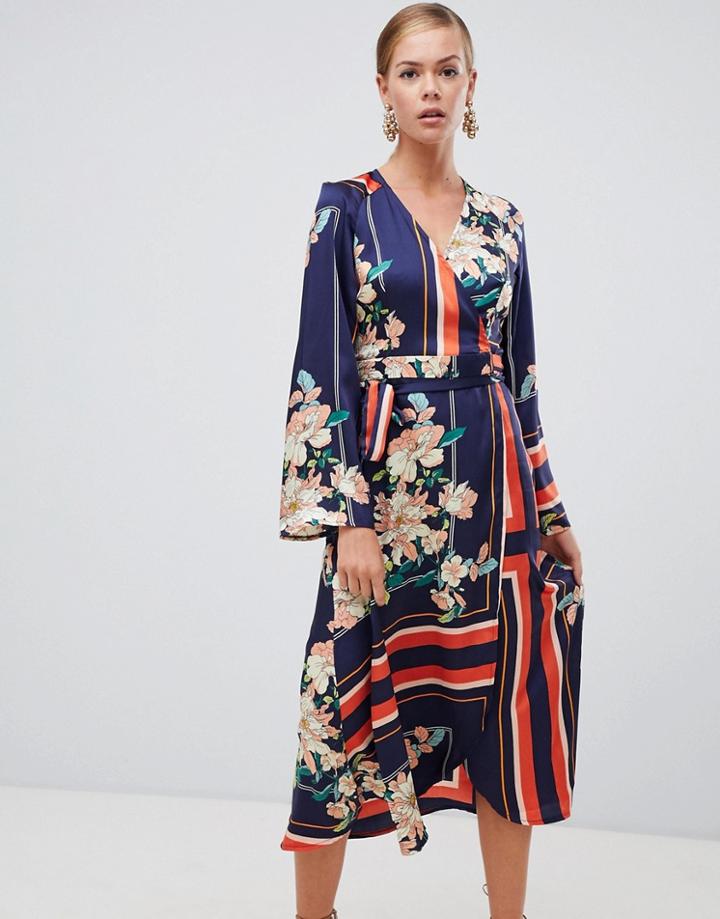 Boohoo Kimono Sleeve Midi Dress In Mixed Stripe And Floral Print - Multi