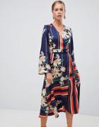 Boohoo Kimono Sleeve Midi Dress In Mixed Stripe And Floral Print - Multi