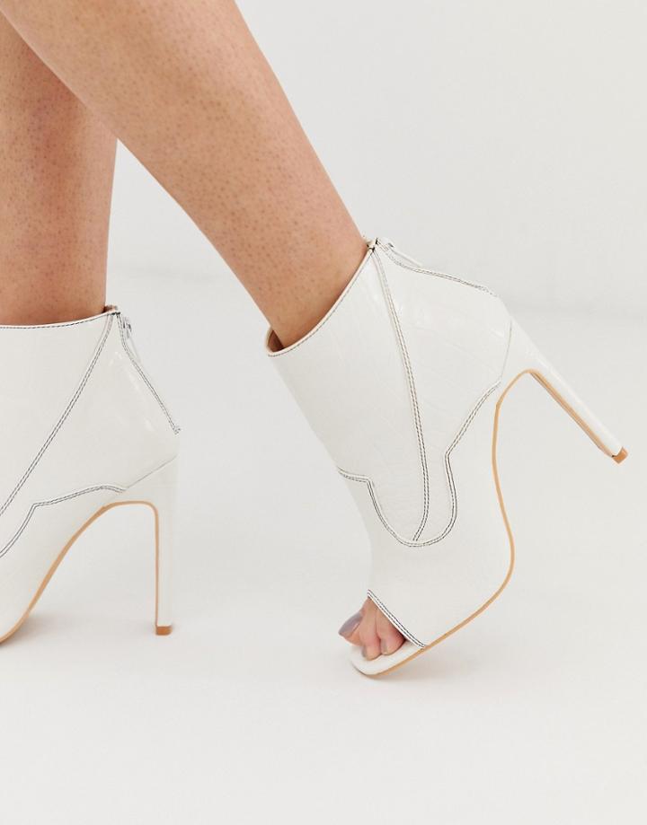 Lost Ink Contrast Stitch Peep Toe Stiletto Boot - White