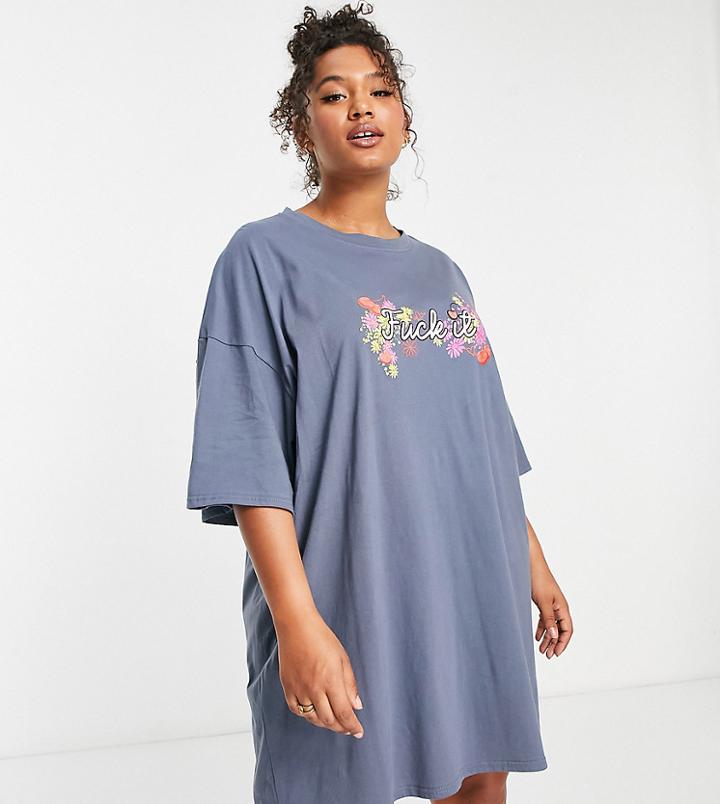 Asos Design Curve Oversized T-shirt Dress With F*k It Logo In Charcoal-gray