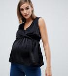 Asos Design Maternity Wrap Front Nursing Top In Satin - Black