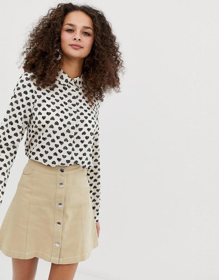 Brave Soul Heart Print Long Sleeved Shirt - Cream