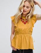 Moon River Embroidered Ruffle Sleeveless Top - Yellow