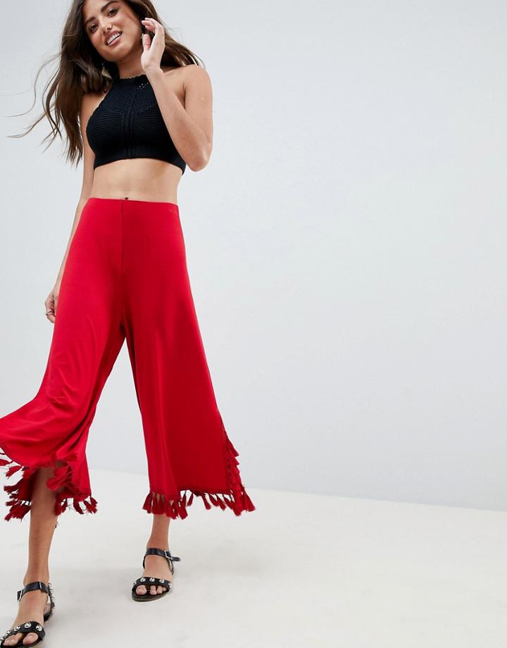 Asos Design Cropped Wide Leg Pants With Large Tassel Hem - Red
