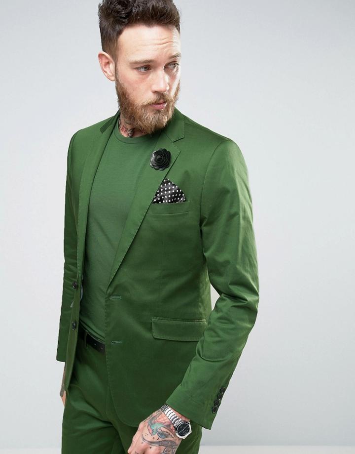 Devils Advocate Skinny Fit Green Cotton Sateen Suit Jacket - Green