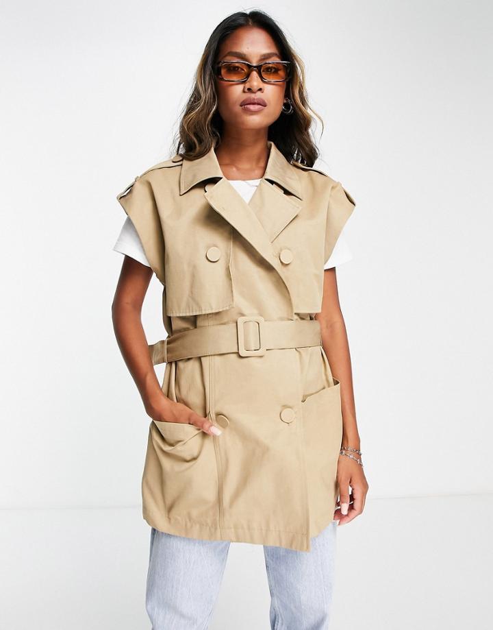 Object Short Sleeveless Trench Coat In Beige-neutral