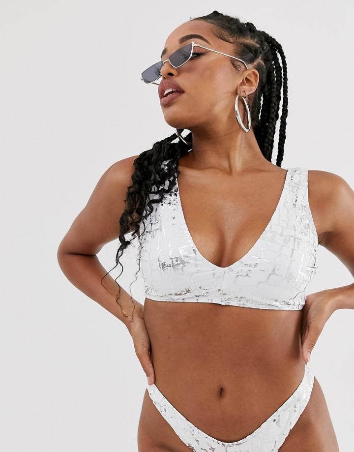 Asos Design Recycled Fuller Bust Mix And Match Minimal Plunge Bikini Top In White Graphic Snake Foil Print Dd-g - White