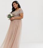 Maya Plus Bridesmaid Bardot Maxi Tulle Dress With Tonal Delicate Sequins In Taupe Blush-brown