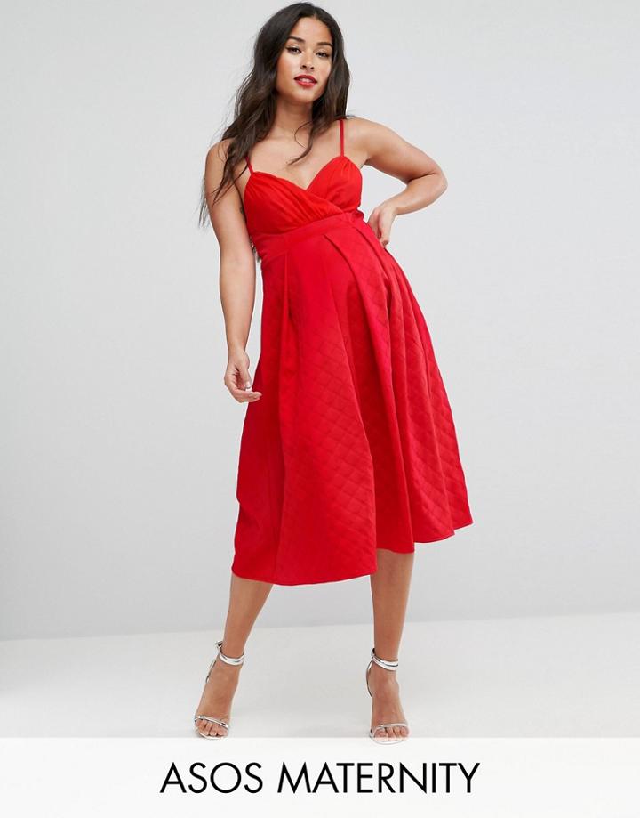 Asos Maternity Scuba Quilted Prom Midi Dress With Gathered Bodice - Red