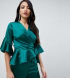 John Zack Tall Wrap Front Satin Ruffle Blouse In Green