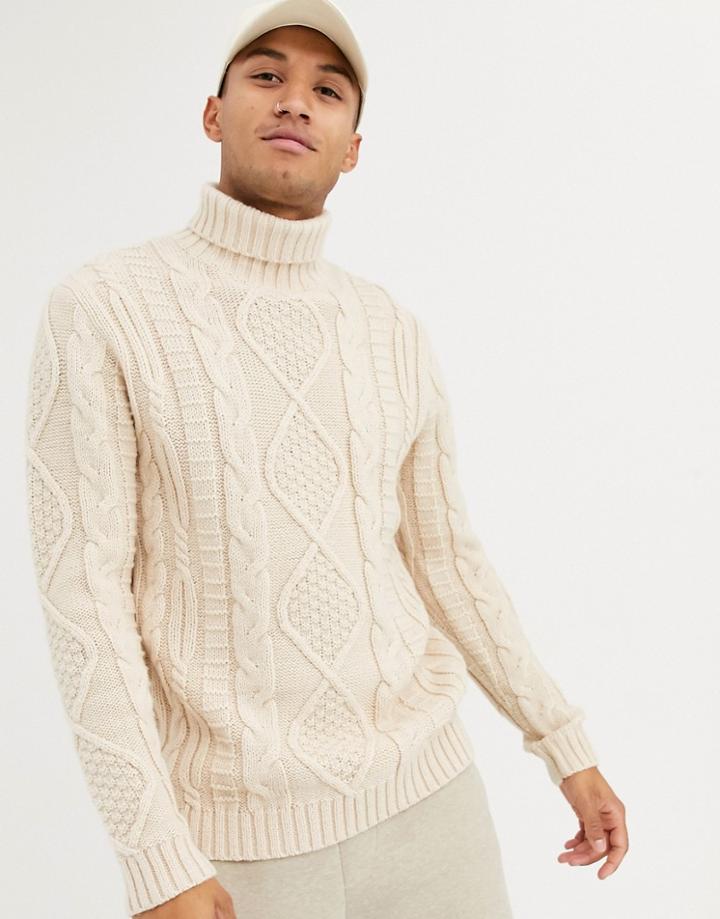 Asos Design Heavyweight Cable Knit Roll Neck Sweater In Oatmeal