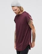 Asos Super Longline T-shirt With Cap Sleeve And Curved Hem In Oxblood - Oxblood