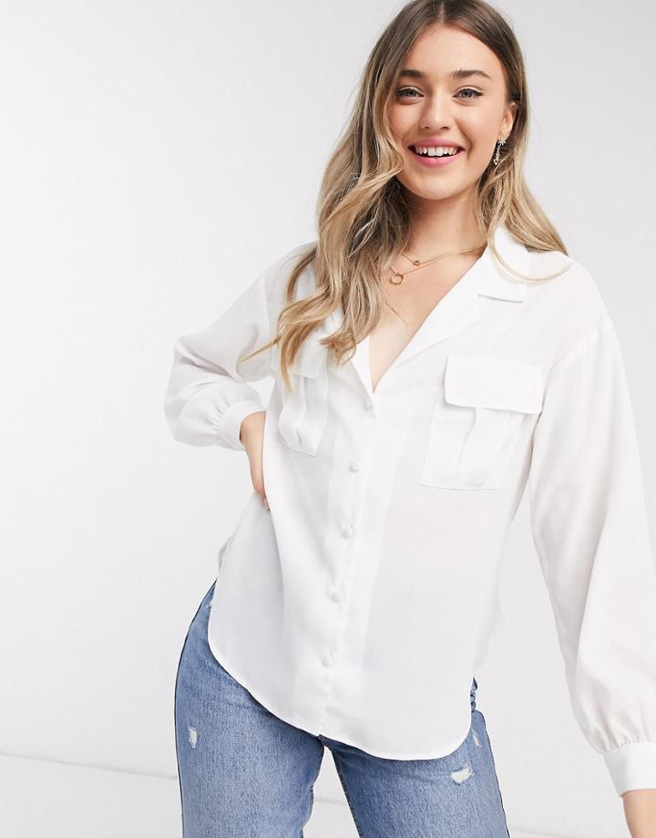 Asos Design Long Sleeve Soft Shirt With Utility Pocket In Ivory-no Color