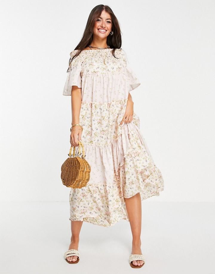 River Island Tiered Mixed Print Bardot Maxi Dress In Pink