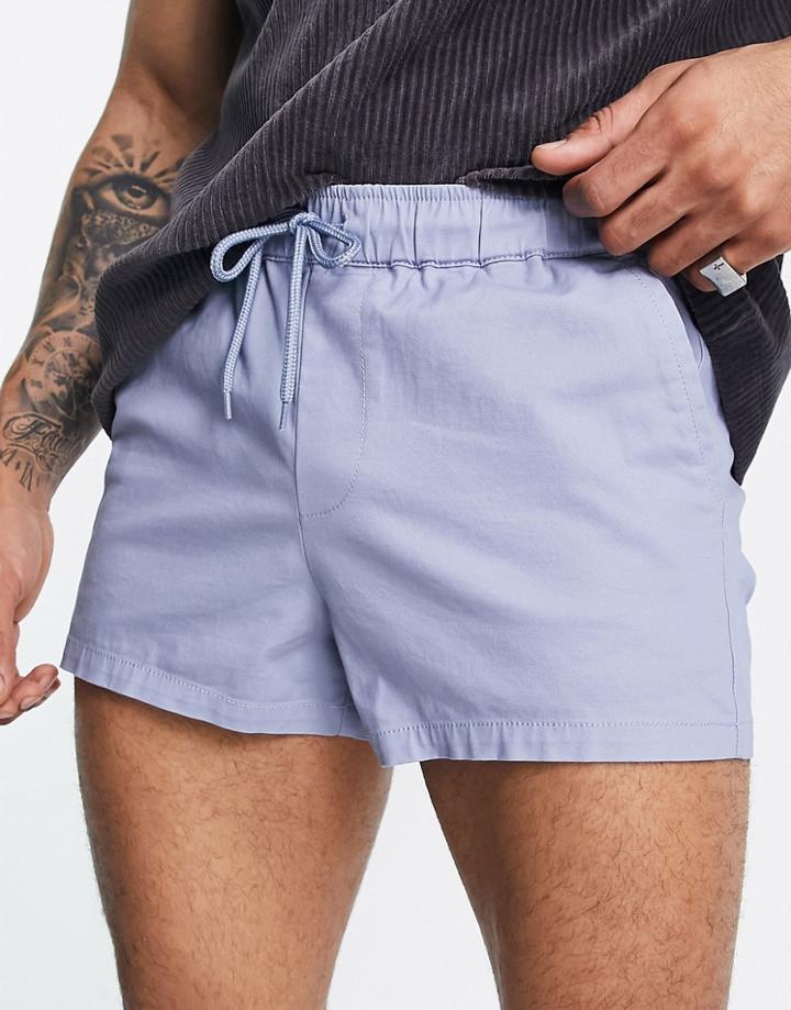 Asos Design Skinny Super Short Chino Shorts With Elasticated Waist In Pastel Blue