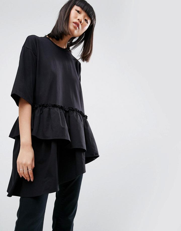 Asos White T-shirt With Contrast Layered Frill Hem - Black