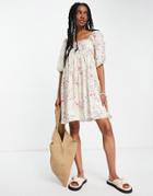Vero Moda Open Back Mini Smock Dress In Cream Floral-multi
