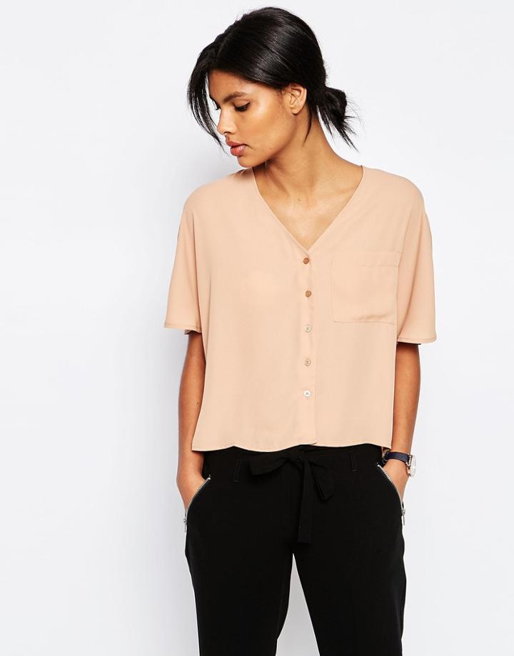 Asos Cropped V Neck Kimono Blouse - Stone