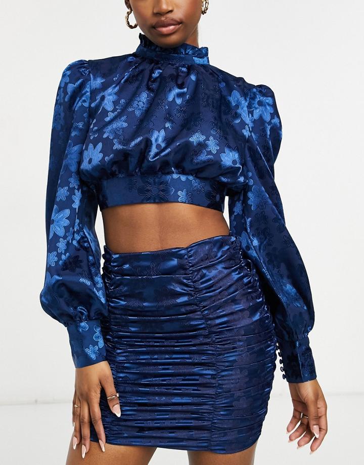 Collective The Label High Neck Tie Back Satin Top Set In Navy