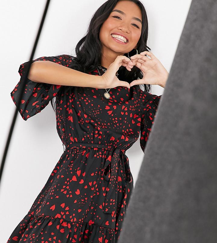 Influence Petite Tie-waist Flippy Hem Mini Dress In Heart Print-multi
