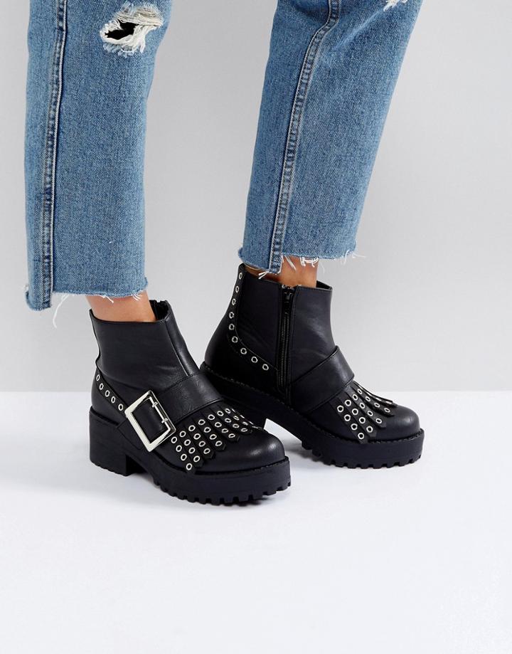 Park Lane Fringe Buckle Chunky Boot - Black