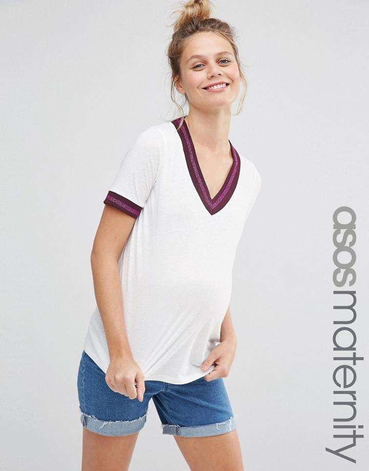 Asos Maternity Lurex Tipped Oversized T- Shirt - White