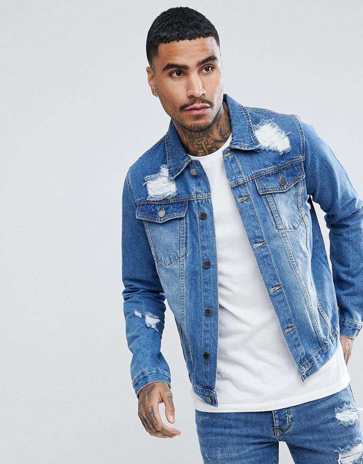 Criminal Damage Distressed Denim Jacket - Blue
