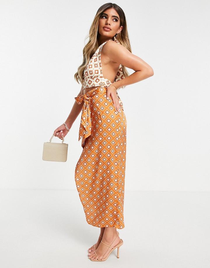 Asos Design Satin Wrap Midi Skirt In 70s Tile Print - Part Of A Set-multi