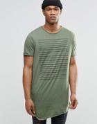 Asos Super Longline T-shirt With Chest Stripe And Scoop Neck And Raw Edge - Field Green
