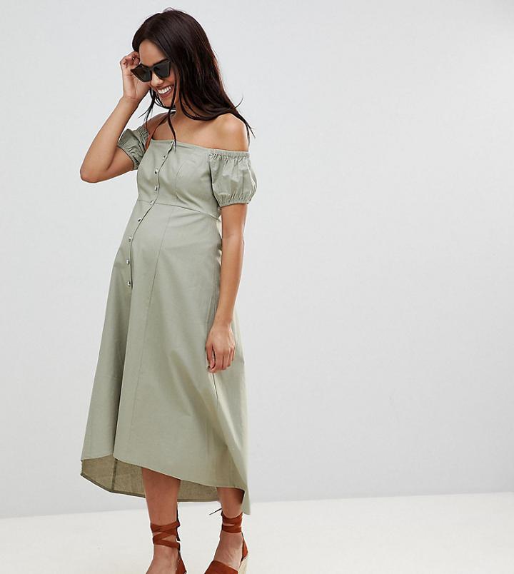 Asos Design Maternity Off Shoulder Button Through Midi Dress - Green