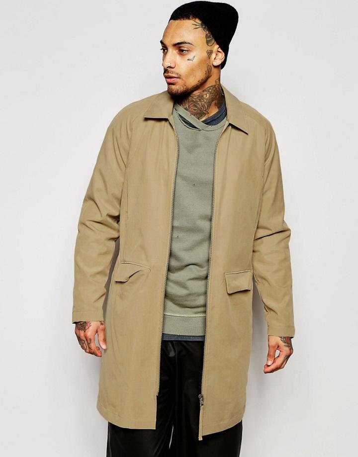 Asos Overcoat With Zip Front In Tobacco - Beige