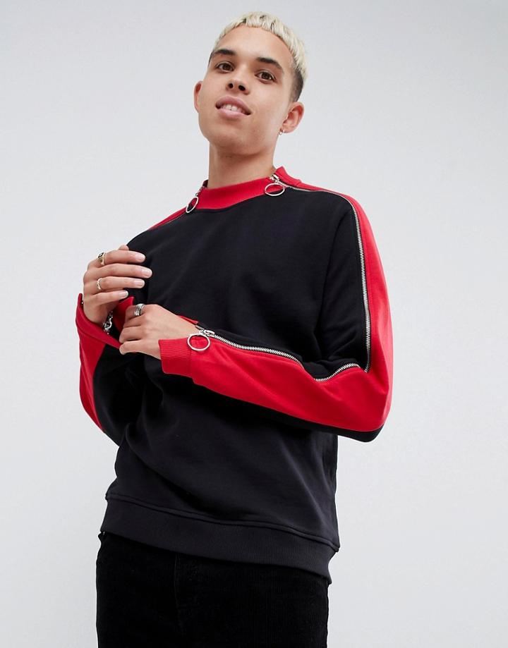 Asos Design Sweatshirt With Color Blocking And Zip Details-black