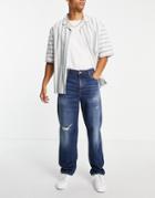 Asos Design Baggy Jeans In Dark Wash With Abrasions - Mblue-blues