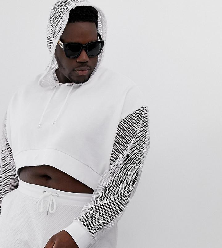 Asos Design Plus Two-piece Oversized Cropped Hoodie With Mesh Sleeve And Hood In White - White