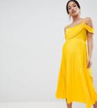Asos Design Maternity Pleated Midi Dress With Sleeve Detail - Yellow