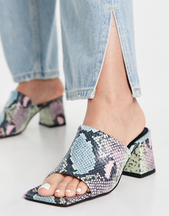 Asos Design Hazel Premium Leather Block Heeled Mules In Snake-multi