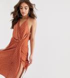 Asos Design Satin Minimal Drape Midi Dress In Rust Spot - Multi