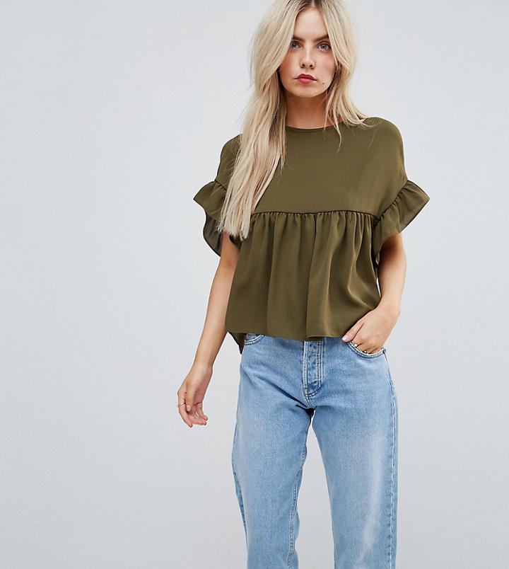 Asos Petite Smock Top With Ruffle Sleeve - Green