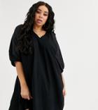 Asos Design Curve V Neck Mini T-shirt Dress With Woven Sleeves-black