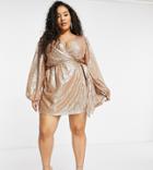 In The Style Plus Exclusive Sequin Square Wrap Detail Mini Skater Dress In Gold