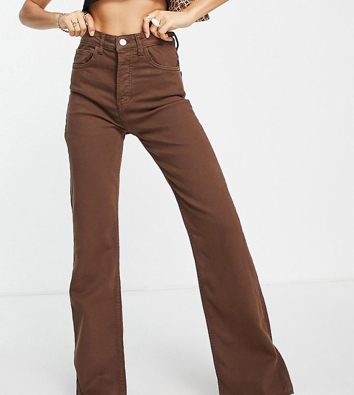 Stradivarius Petite Slim Flare Jean With Split Detail In Brown