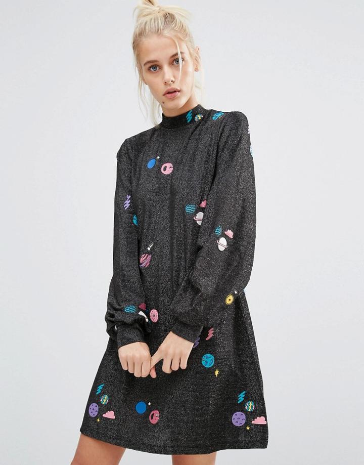Lazy Oaf High Neck Swing Dress In Sparkly Space - Black