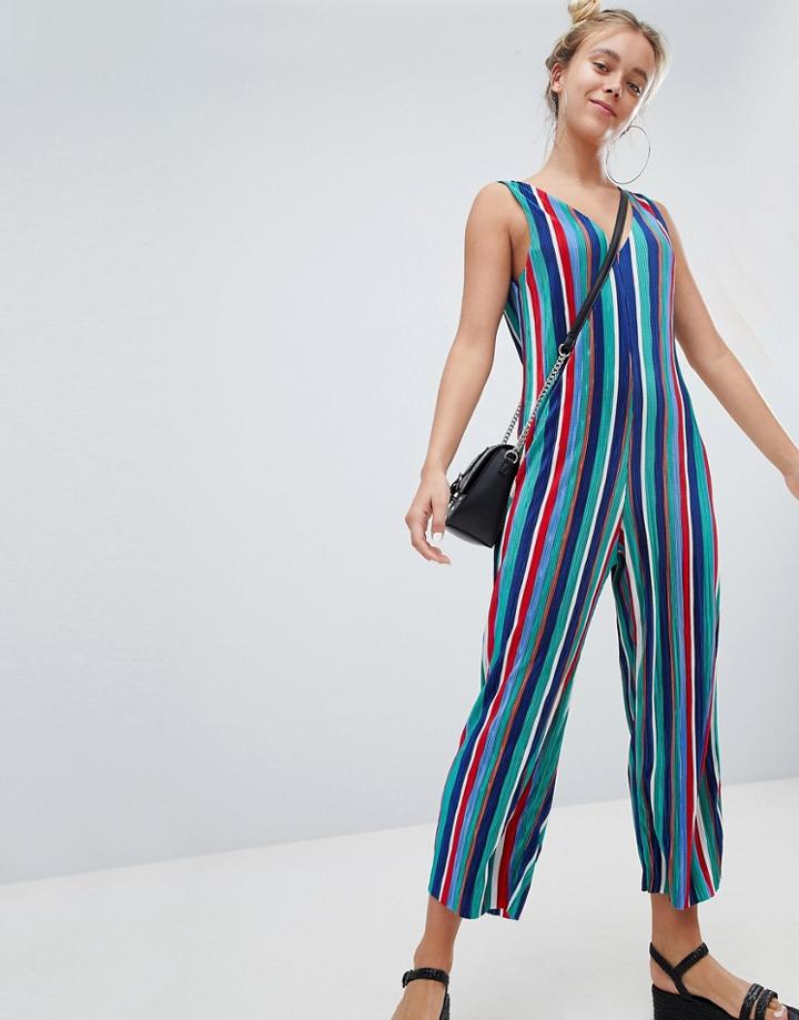 Bershka Multi Striped Plisse Jumpsuit - Multi