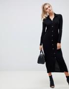 Asos Design Rib Maxi Polo Shirt Dress With Buttons - Black