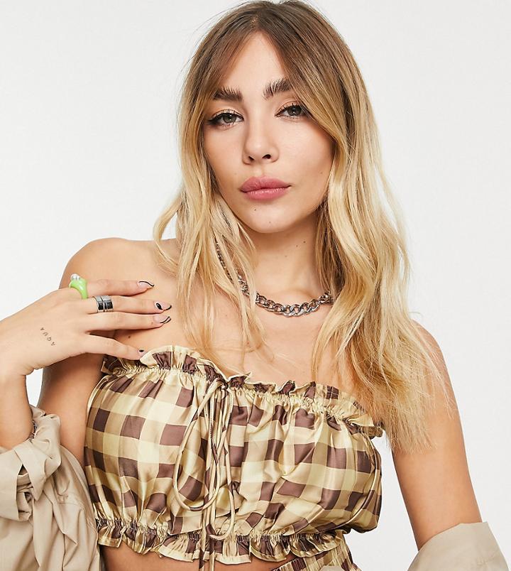 Collusion Satin Top In Green And Brown Check-multi
