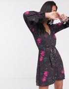 Sacred Hawk Vintage Tea Dress With Belt In Dark Floral-purple