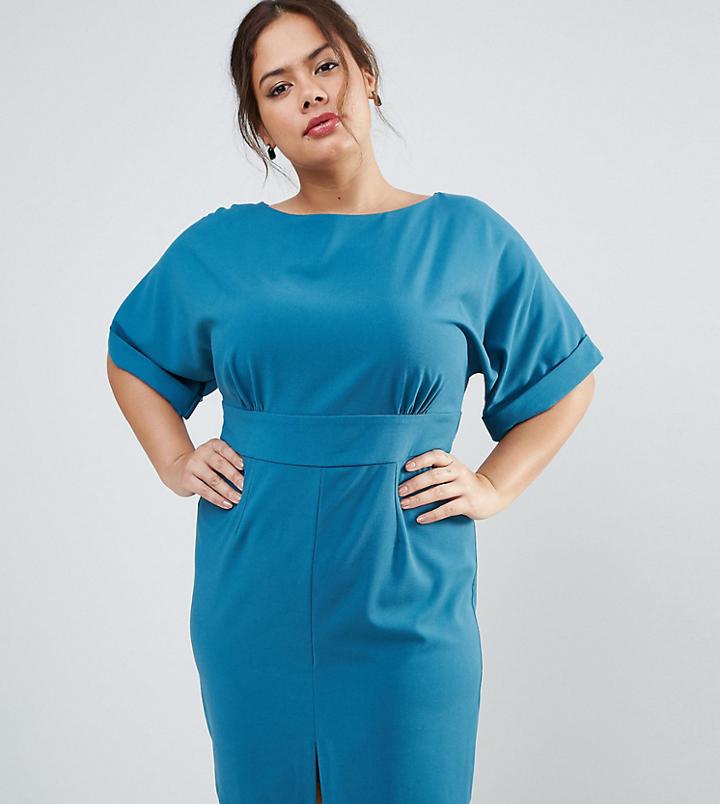 Closet Plus Kimono Sleeve Mini Dress With Tie Back Detail And Split Front - Green