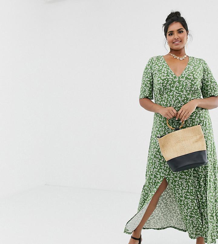 Asos Design Curve Button Through Maxi Tea Dress With Splits In Ditsy Print-green