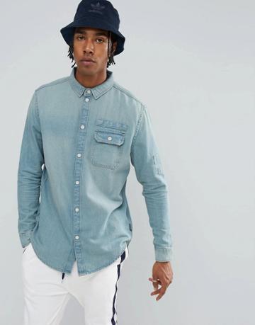 Brooklyns Own Denim Shirt In Bleach Wash Blue - Blue
